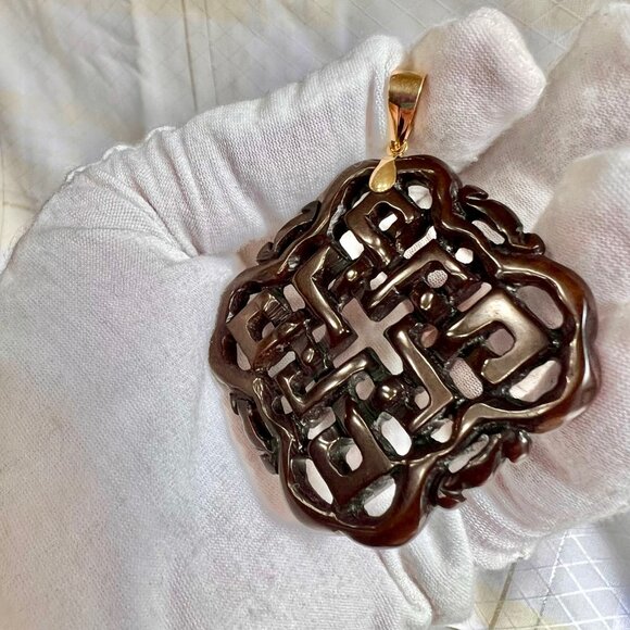 Ross Simons Brown Unisex Jade Endless Knot Pendant with 14K Gold Bale, Pendants - Picture 10 of 13